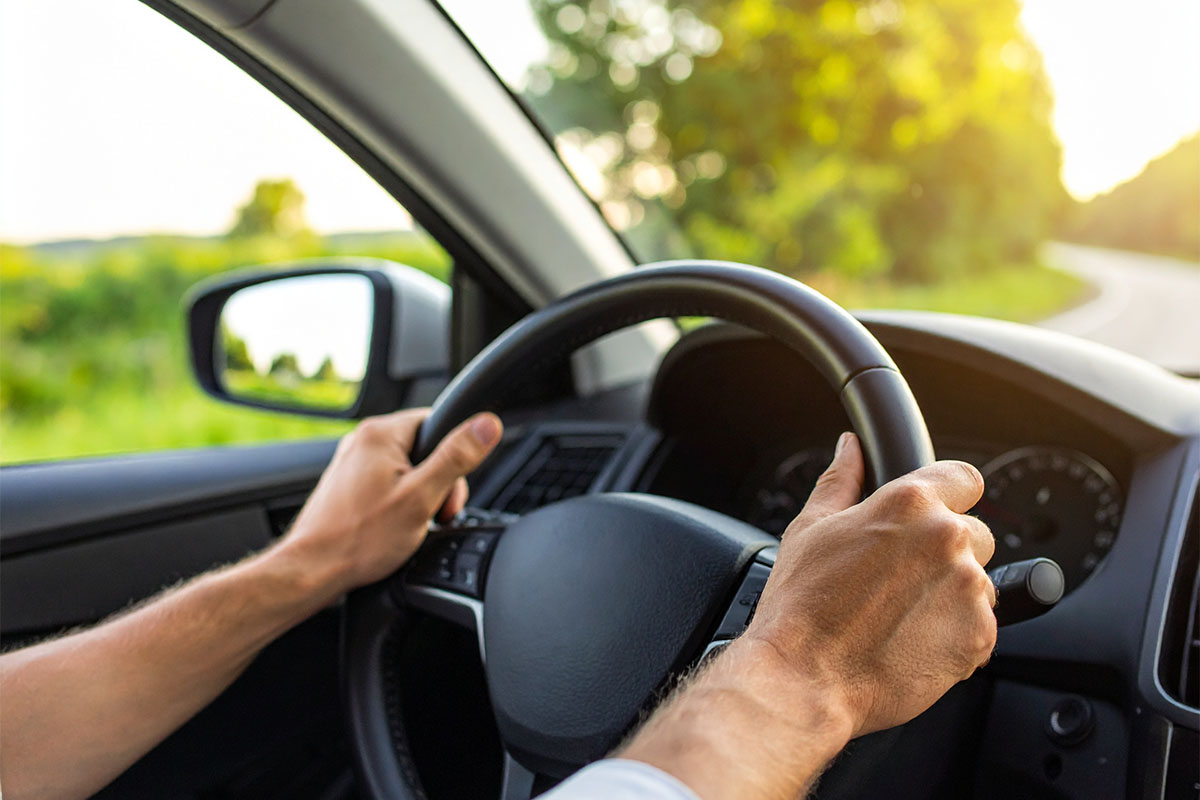 A pair of hands gripping a steering wheel inside a car, with a blurred view of the road and greenery outside the window.