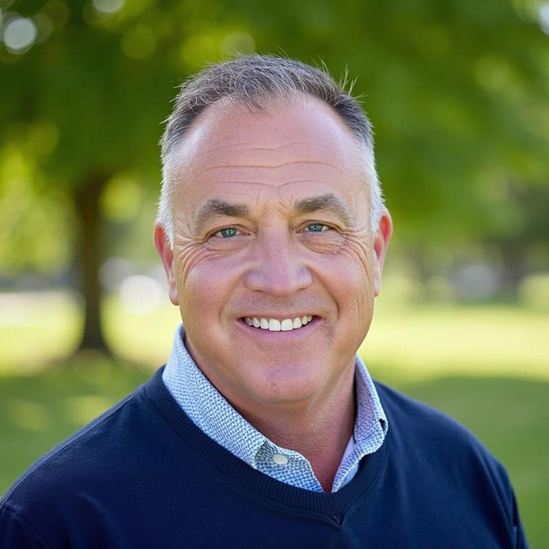 Smiling middle-aged man with short gray hair, wearing a navy sweater over a patterned shirt, standing outdoors with a blurred green background.
